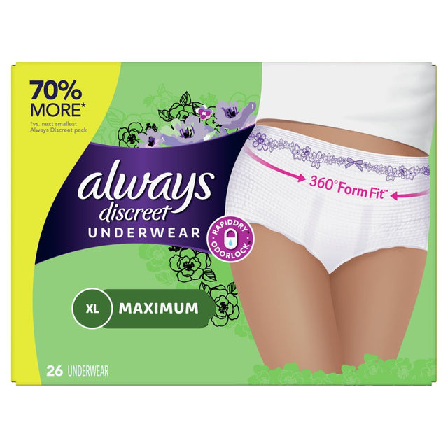 Always Discreet, Postpartum Incontinence Underwear for Women, Maximum, XL, 26 Ct