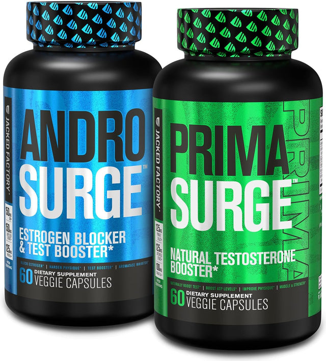 Jacked Factory Testosterone Booster for Men | Estrogen Blocker with Tongkat Ali - Androsurge Anti-Estrogen + Primasurge Natural Test Booster - for Muscle Growth, Vitality, Energy, 30 Day Supply