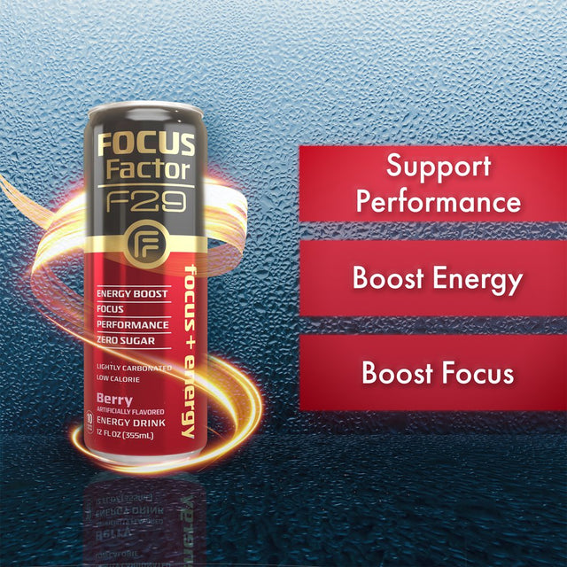 Focus Factor F29 Nootropic Focus + Energy Drink (Berry Flavor) – Sugar Free, Pack of 12 – Lightly Carbonated – 10 Calories per Serving – Nootropic Beverage