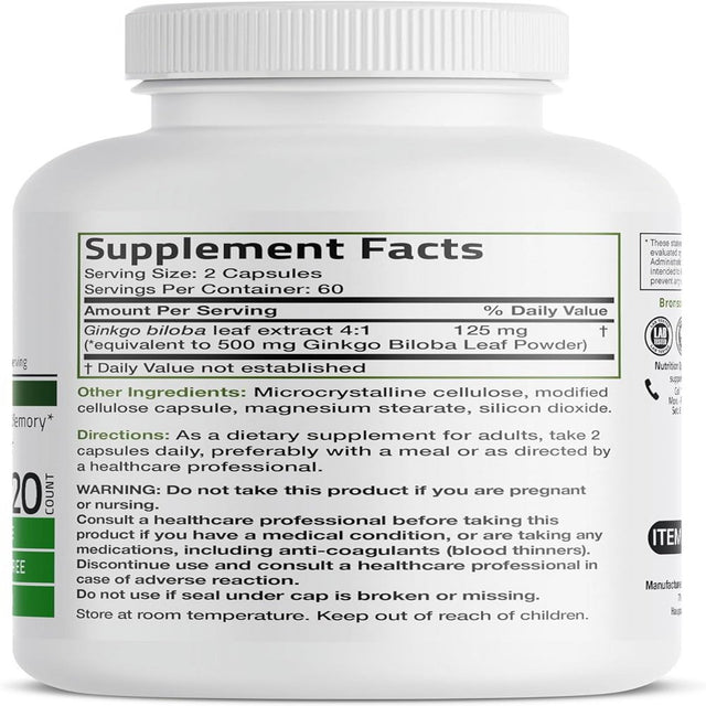 Bronson Ginkgo Biloba Extra Strength 125Mg (4:1 Extract) Equivalent to 500Mg per Serving - Supports Brain Function & Memory Support, 120 Vegetarian Capsules 120 Count (Pack of 1)