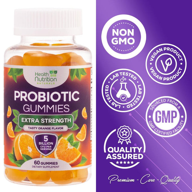 Daily Probiotic Gummy for Women & Men'S Digestive Health, Extra Strength 5 Billion CFU, Acidophilus Probiotics Supplement Vaginal & Urinary Health Support, Vegan, Non-Gmo, Orange Flavor - 60 Gummies
