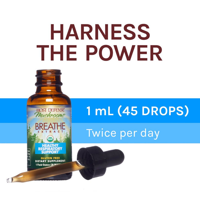 Host Defense, Breathe Extract, Respiratory Support, Mushroom Supplement with Cordyceps, Reishi and Chaga, Plain, 1 Fl Oz