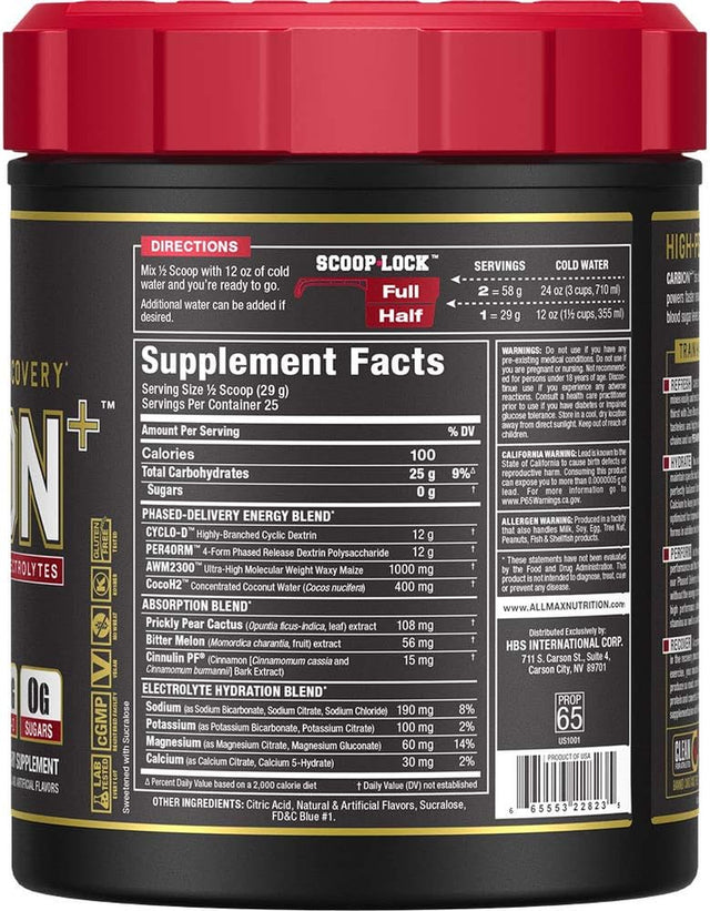 ALLMAX CARBION+, Blue Ice - 725 G - High-Performance Training Fuel - Boosts Hydration, Performance & Recovery - with 25 G Carbs & Zero Sugar - 25 Servings