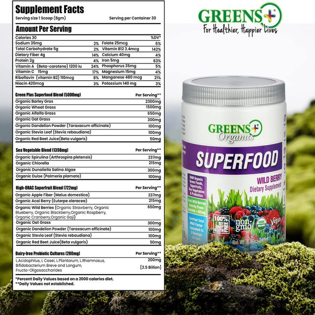 Greens plus Wild Berry Organic Greens Superfood, Greens Powder Dietary Supplement, 30 Servings