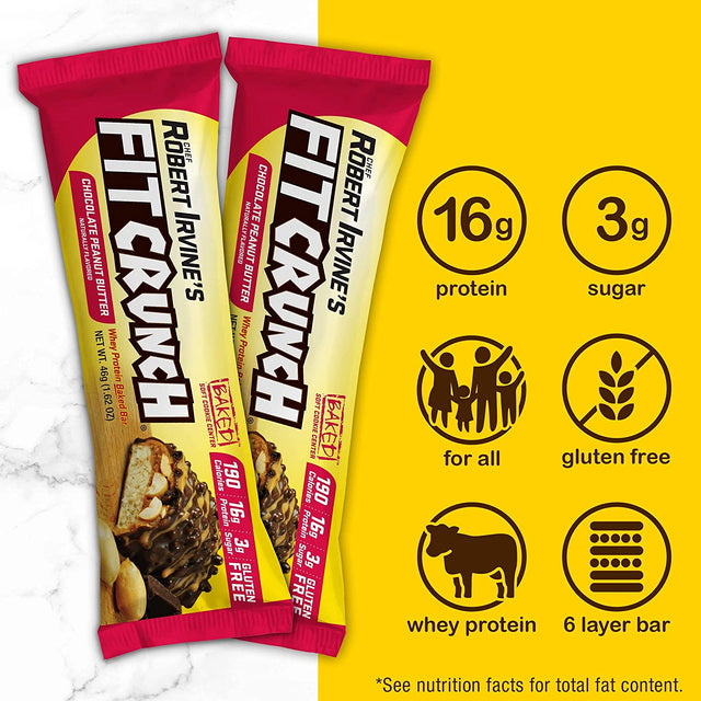 FITCRUNCH Snack Size Protein Bars, Designed by Robert Irvine, 6-Layer Baked Bar, 3G of Sugar, Gluten Free & Soft Cake Core (9 Bars, Chocolate Peanut Butter)