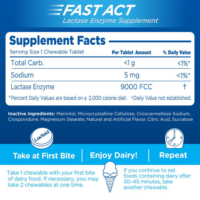 Lactaid Fast Act Lactose Relief Chewables, Vanilla, 60 Packs of 1Ct