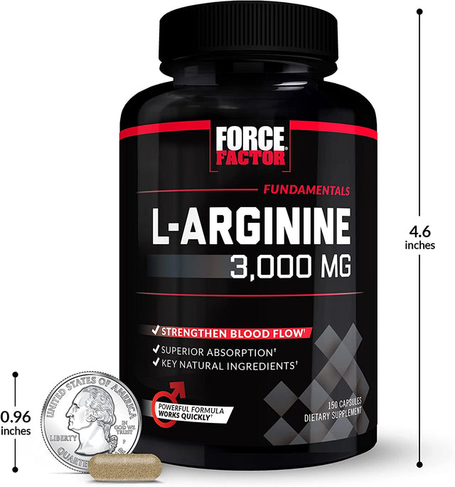 FORCE FACTOR L-Arginine Nitric Oxide Supplement with Bioperine to Help Build Muscle and Support Stronger Blood Flow, Circulation, Nutrient Delivery, and Pumps, L-Arginine 3000Mg, 3G, 150 Capsules
