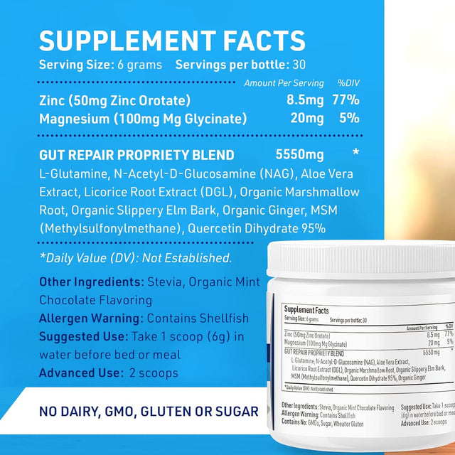 Leaky Gut Repair, Gut L Glutamine Powder, for Optimal Gut Health, Soothes Gut Issues like Bloating and IBS, Gluten-Free Gut Health Supplements for Women and Men, Mint Chocolate, 180 G - Liver Medic