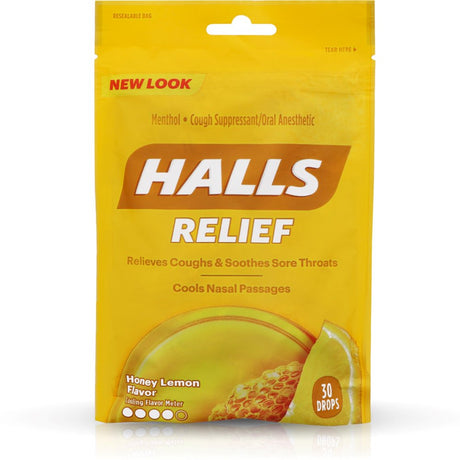 Halls Triple Soothing Action Cough Drops, Honey Lemon 30 Each (Pack of 2)