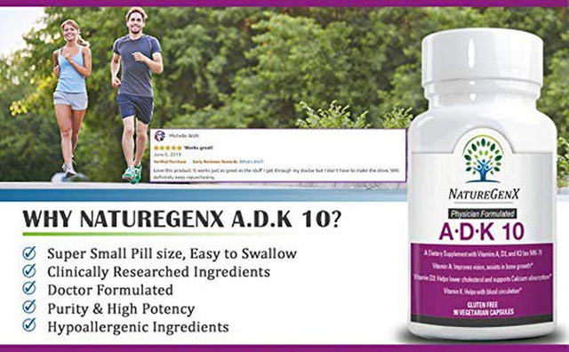 Naturegenx Bone Health 10000 IU ADK 10 Supplement with Vitamin a Vitamin D3 + Vitamin K2 as MK7, 90 Count