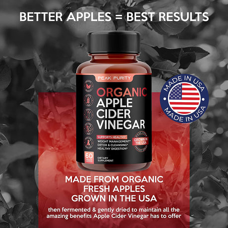 100% Organic Raw Apple Cider Vinegar Capsules - Natural Detox Gut Cleanse & Healthy Digestion - Tasteless & Easy to Swallow - Extra Strength ACV Pills - 1000 Mg