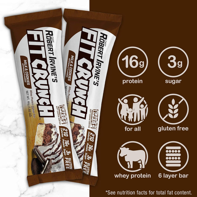 FITCRUNCH Snack Size Protein Bars, Designed by Robert Irvine, World’S Only 6-Layer Baked Bar, Just 3G of Sugar & Soft Cake Core (9 Count, Milk & Cookies)