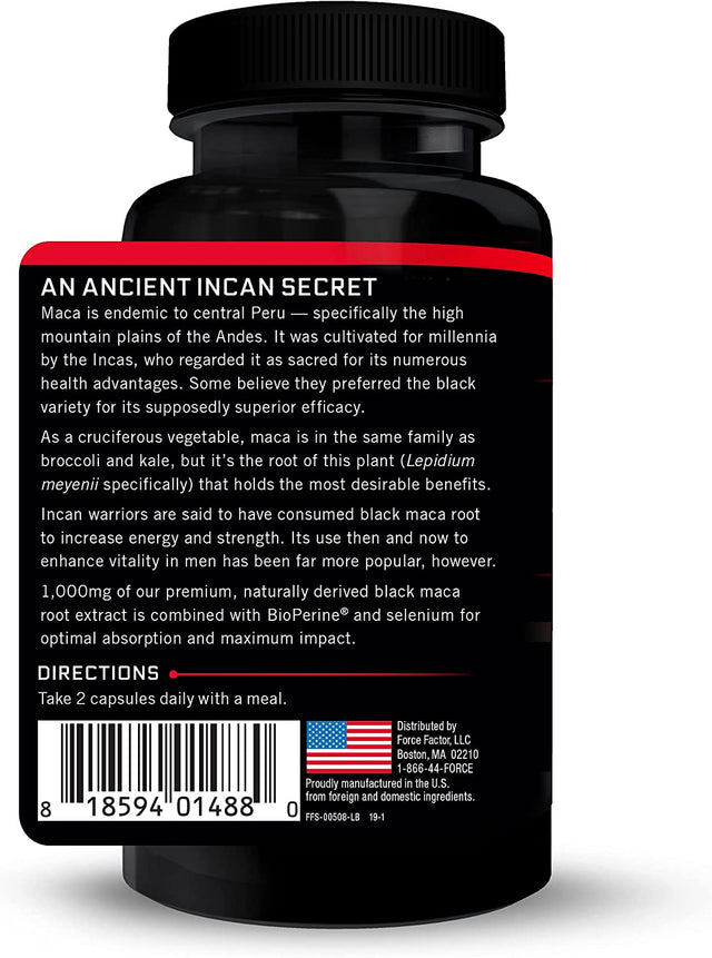 Force Factor Black Maca Root Vitality Supplement for Men with Superior Absorption and Power, Natural Maca Negra Extract, Fundamentals Series, 1000Mg, 60 Capsules
