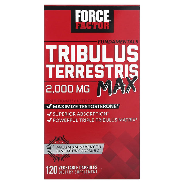 FORCE FACTOR Tribulus Terrestris Max for Men, Testosterone Booster and Male Vitality Supplement, for Superior Absorption, 2000Mg, 120 Capsules, Red (FFS-00899-FG)