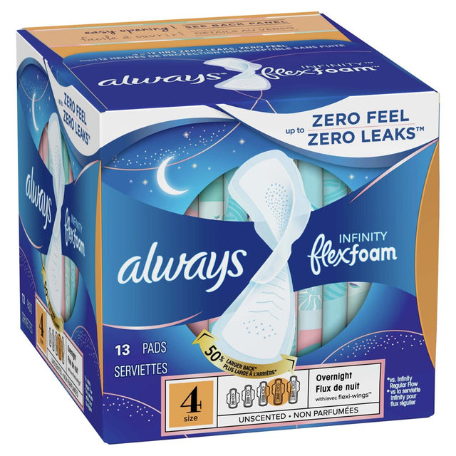Always Infinity Feminine Pads with Wings, Size 4, Overnight Absorbency, Unscented, 13 Count