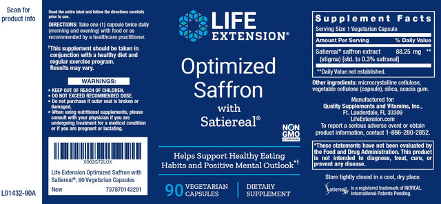 Life Extension Optimized Saffron Extract with Satiereal, 90 Capsule Supplement