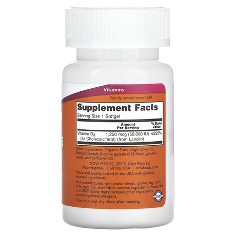 NOW Foods - Vitamin D3 Max Potency Structural Support 50000 IU - 50 Softgels