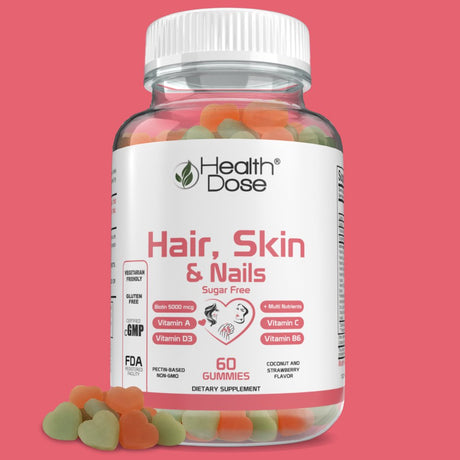 Healthdose Hair Skin Nails with Biotin 5000 Mcg, Vitamin A,D3,C & B6, Gluten & Sugar Free, Coconut & Strawberry Flavor 60 Count Gummies.