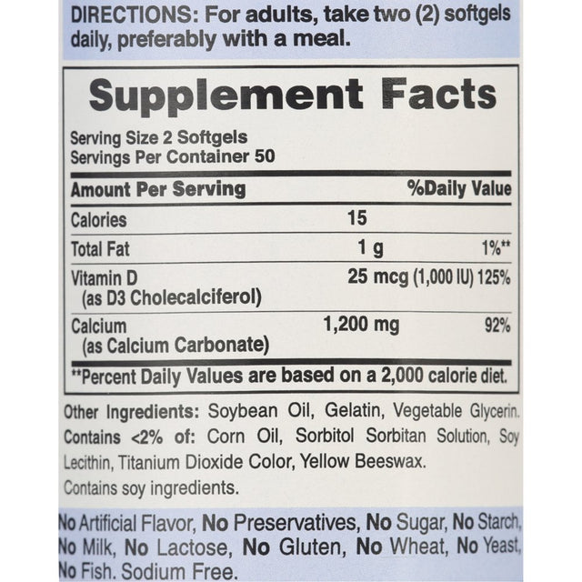 Puritan'S Pride 1200Mg Absorbable Calcium + 1000IU Vitamin D, 100 Softgels