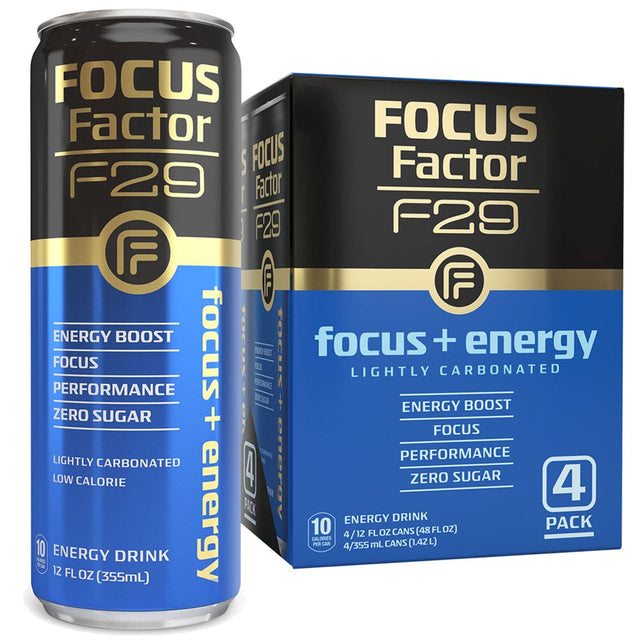 Focus Factor F29 Nootropic Focus + Energy Drink (Blue Razz Flavor) – Sugar Free, Pack of 4 – Lightly Carbonated – 10 Calories per Serving – Nootropic Beverage