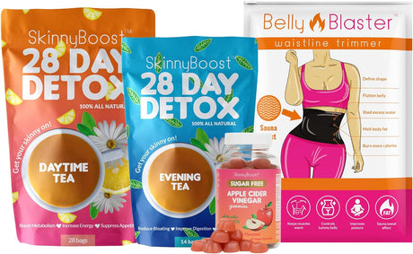 Skinnyboost Detox Pack-1 Daytime Tea(28 Bags) 1 Evening Detox Tea(14 Bags), 1 Sugar Free Apple Cider Vinegar Gummies(60 Vegan), Supports Detox & Cleanse, Belly Blaster-(M) Waistline Trimmer