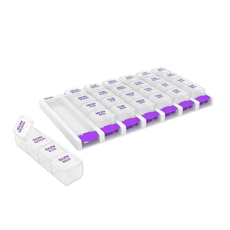 Ezy Dose Weekly (7-Day) Pill Organizer, 4 Times a Day, Push Button, Pop-Out Travel Compartments