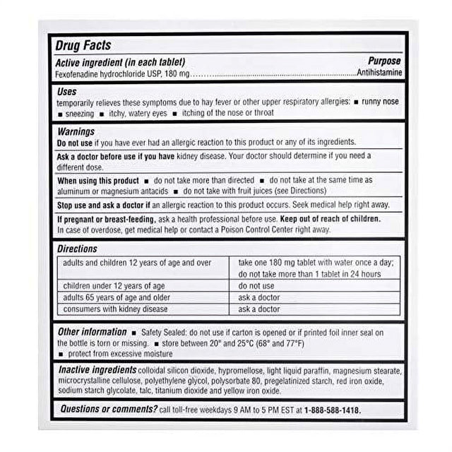 Fexofenadine Hydrochloride (Hcl) Allergy 180Mg Generic Tablet, Compared to Allegra, Camber, 100 Ct (Pack of 1)