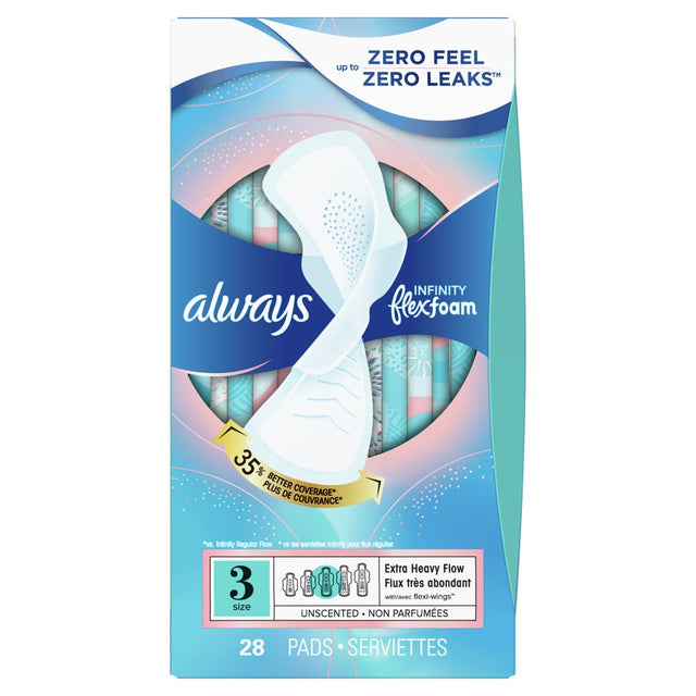 Always Infinity Feminine Pads with Wings, Size 3, Extra Heavy Absorbency, Unscented, 28 Ct