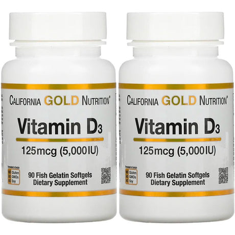 Vitamin D3 Supplement by California Gold Nutrition - Support for Healthy Bones & Teeth - Immune System Support - Gluten Free, Non-Gmo - 125 Mcg (5,000 IU) - 2 Pack of 90 Fish Gelatin Softgels Each
