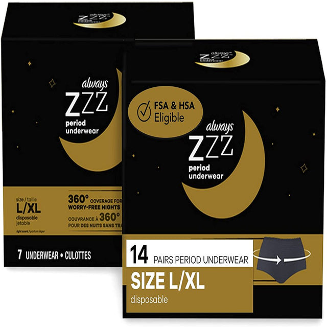 Always Zzzs Overnight Disposable Period Underwear for Women, Size L, Black Period Panties, Leakproof, 7 Count, Pack of 2 (14 Count Total)