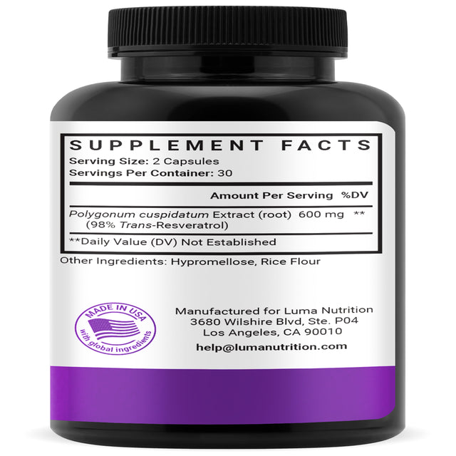 High Purity Resveratrol Capsules - 98% Trans-Resveratrol - Resveratrol Supplement - Antioxidant - Luma Nutrition