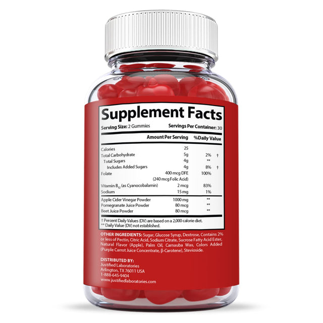Justified Laboratories (5 Pack) Apple Cider Vinegar Gummies 1000MG ACV with Pomegranate Juice Beet Root B12 300 Gummys