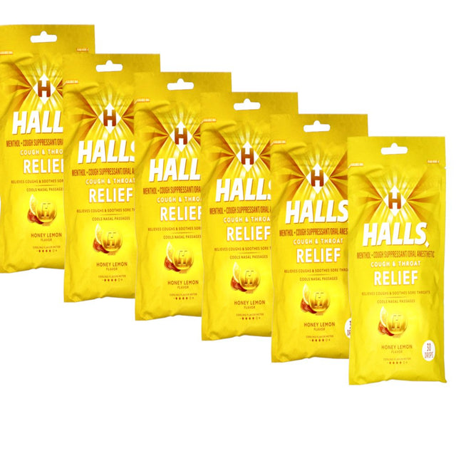 Halls Triple Soothing Action Cough Drops, Honey Lemon 30 Each (Pack of 6)