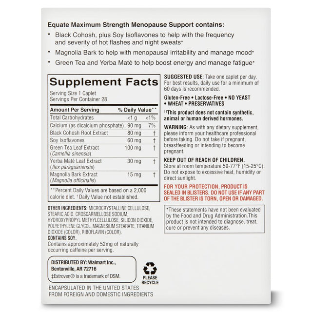 Equate Menopause Support Maximum Strength Dietary Supplement, 28 Count