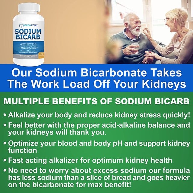 Healthy Kidney Sodium Bicarb 650Mg Capsules, Sodium Bicarbonate to Support Normal Kidney Function, Kidney Health Supplement for Kidney Support, Acid Relief, Alkalinity, 120 Capsules