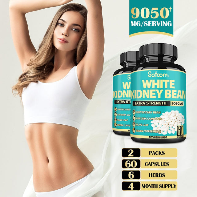 𝟲𝗶𝗻𝟭 White Kidney Bean Extract Pills- Equivalent to 𝟵𝟬𝟱𝟬𝗺𝗴 of 6 Herbs - Support Body Building, Starch, and Form Management for Women & Men - 2 Packs 60 Caps for 4 Months