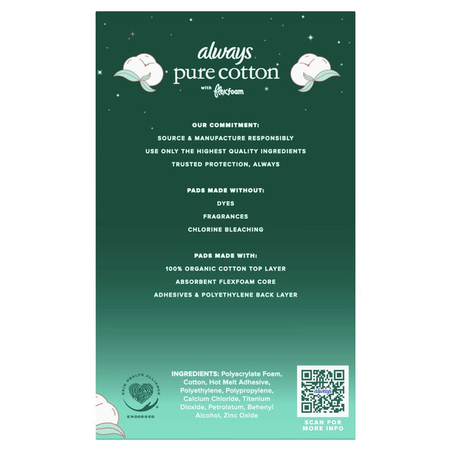Always Pure Cotton Feminine Pads with Wings, Size 4, Overnight Absorbency, 20 CT