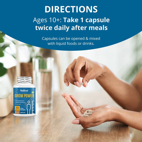 Grow Power by Nubest, Support Healthy Growth for Children (10+) and Teens, Support Bone Strength, 60 Capsules (Pack of 6)