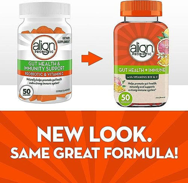 Align Probiotic, Gut Health & Immunity Support, Probiotic for Women and Men, #1 Doctor Recommended Brand, Vitamin C and B12 for Immune Support & Energy, Citrus Flavor, 50 Gummies