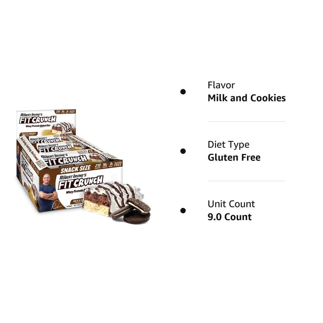FITCRUNCH Snack Size Protein Bars, Designed by Robert Irvine, World’S Only 6-Layer Baked Bar, Just 3G of Sugar & Soft Cake Core (9 Count, Milk & Cookies)
