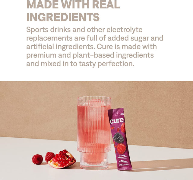 Cure Hydrating Plant Based Electrolyte Mix | FSA & HSA Eligible | Powder for Dehydration Relief | Made with Coconut Water | Non-Gmo | No Added Sugar | Vegan | Pouch of 14 Packets - Berry Pomegranate