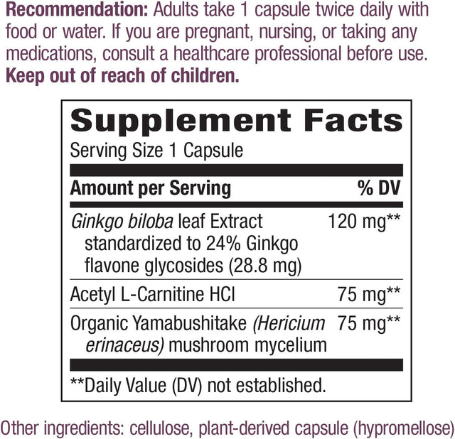 Nature'S Way Premium Blend Cognitive Focus with Gingko, Lion'S Mane & Acetyl L-Carnitine, Supports Memory and Concentration*, 30 Capsules
