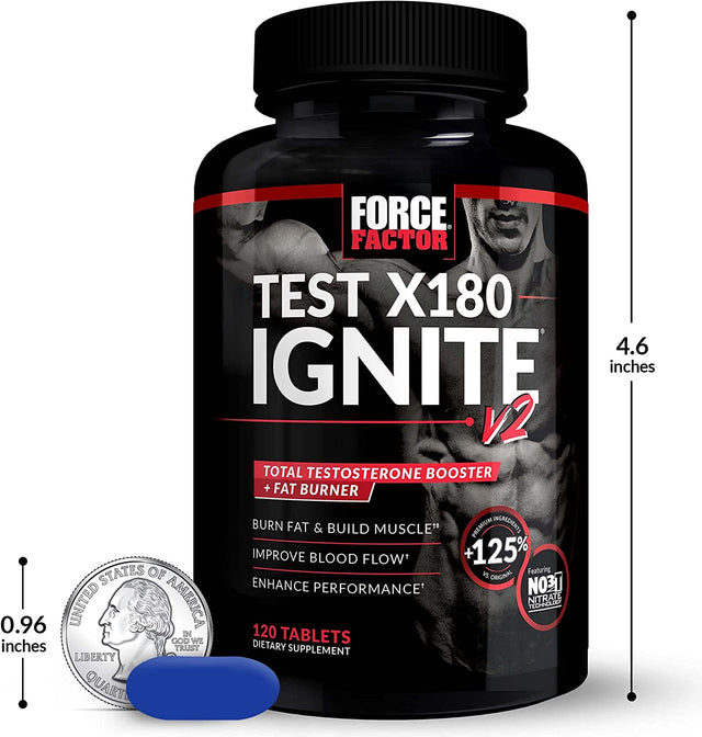 Force Factor Test X180 Ignite V2, Testosterone Booster and Fat Burner for Men, Testosterone Supplement with Nitrates to Burn Fat, Build Muscle, Boost Energy and Performance, 120 Count (Pack of 2)
