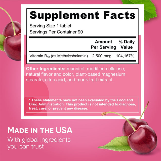 EZ Melts Sublingual Vitamin B12 with Methylcobalamin for Energy and Metabolism Support, 2500 Mcg 60 Tablets, Cherry Flavored, Vegan Dietary Supplements, Dissolvable and Fast Melting