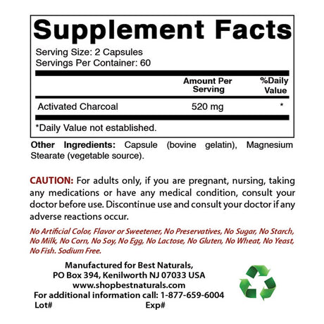 2 Pack Best Naturals Activated Charcoal 260 Mg 120 Capsules