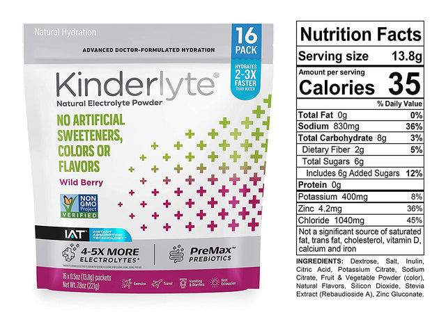 Kinderlyte Electrolyte Powder, Advanced Hydration, Easy Open Packets, Supplement Drink Mix (Wild Berry, 16 Count)