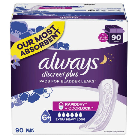 Always Discreet Plus, Incontinence Pads for Women, Extra Heavy Absorbency, Long Length, (90 Ct.)