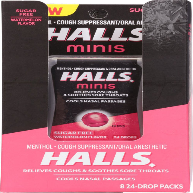 HALLS MINIS COUGH DROPS WATERMELON SUGAR FREE 24PC