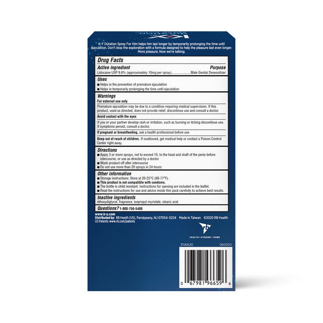 K-Y Duration Numbing Climax Delay Spray for Men, Lidocaine Desensitizing Spray, 0.16 FL OZ / 36 Sprays