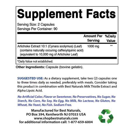 2 Pack Best Naturals Artichoke Extract 500 Mg 180 Capsules | Standardized to Contain 5% Total Caffeoylquinic Acids